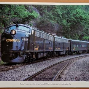 Promotional photo: Conrail's insection train, powered by E8A locomotives, travels near Reading, PA