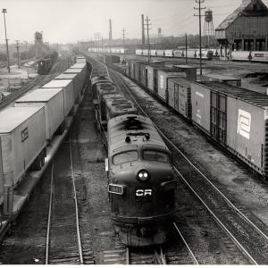 Photograph showing F7 1840  and three more locomotives in Collinwood Yard, Cleveland OH 8/28/76.