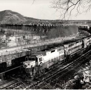 Photograph showing GP35 3650, SD45 6082 and SD45 3618 in Marysville PA. 12/3/76.