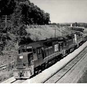 Photograph of GP35 2312, GP38-2 8045 and an ex-EL GP35 westbound at Smithboro NY. 9/26/76