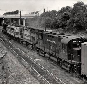 Photograph of C424 2446, C424 2408 and an unknown E8 and GP30 entering Enola Yard. 7/76