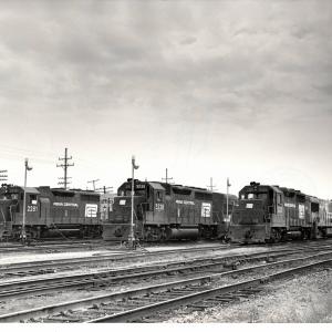Photograph of GP35 2325, GP40 3238 and GP35 2281 lined up ready to leave Collinwood Yard eastbound.