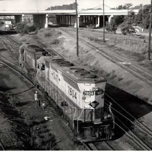 Photograph of SD45 7604 and SD40 6282 at Enola Yard. 7/76