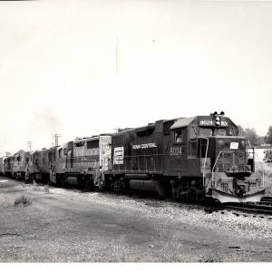 Photograph of GP38-2 8024, GP35 2578 and three more units at Orrville OH. 7/30/76