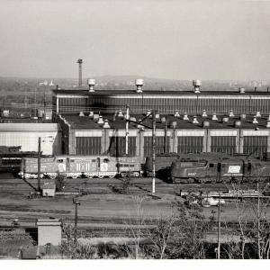Photograph of GP9 5805, GG1 4800, and GG1 4897 in Enola Yard. 5/76