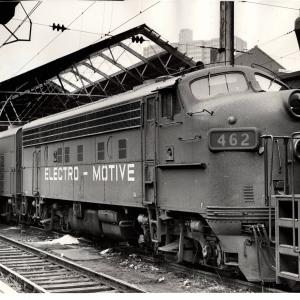 Photograph of EMD F3 462 on testing train at Harrisburg Amtrak Station. 11/28/76
