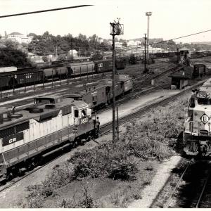 Photograph of GP35 3632 and SDP45 3636 at Rutherford Yard. 7/76