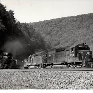 Photograph of SD45 6196, SD45 6109 and SD40 6318 at Horseshoe Curve. 5/28/77