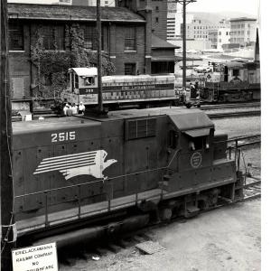 Photograph of leased Missouri Pacific GP35 2515, SW8 368 and an unknown C425 at Binghamton NY. 7/3/76