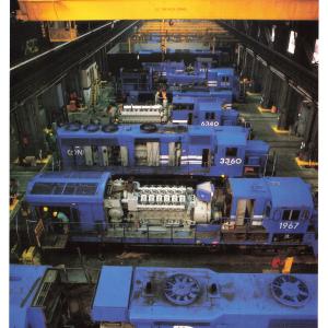 Promotional photo: Conrail locomotives receive repairs at the Juniata Locomotive Shop, Altoona PA., one of the world's largest railroad shops.