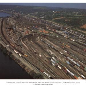 Promotional photo: Conway Yard, 20 miles northwest of Pittsburgh, is the only double-hump classification yard on the Conrail system. It also is Conrail's largest yard.