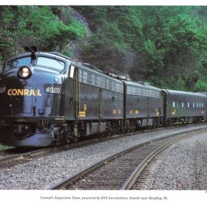 Promotional photo: Conrail's insection train, powered by E8A locomotives, travels near Reading, PA