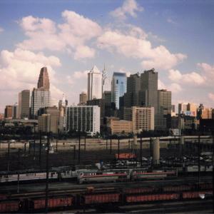 Philadelphia skyline and Amtrak 30th Street Yard, taken from OCS train on High Line
