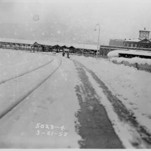 Reading Outer Station in snow, 1958-03-21, photo 2 of 3