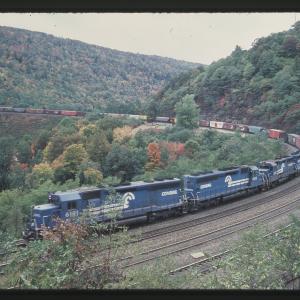 SD45s 6191 and 6185 and GP40 3197 at Horseshoe Curve