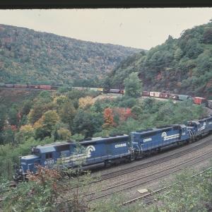 SD45s 6191 and 6185 and GP40 3197 at Horseshoe Curve