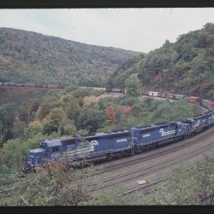 SD45s 6191 and 6185 and GP40 3197 at Horseshoe Curve