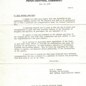 Penn Central Bankruptcy Letter to Employees