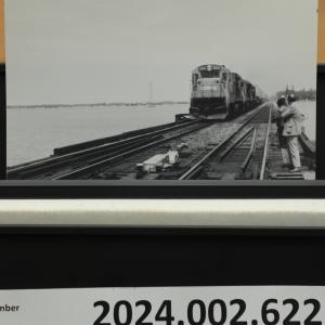 Black & white photo locomotive B36-7 #5011 crossing Bridge 248, Danbury CN