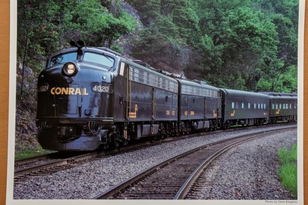 Promotional photo: Conrail's insection train, powered by E8A locomotives, travels near Reading, PA