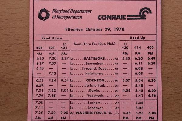 Conrail and Maryland DOT Schedule - Baltimore and Washington - 1978-10-29