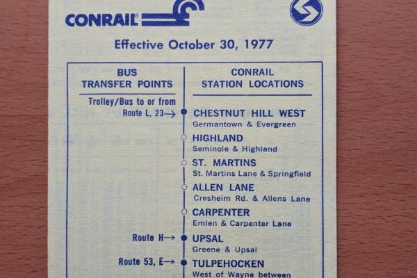 Conrail and SEPTA Schedule - Chestnut Hill West and Philadelphia - 1977-10-30