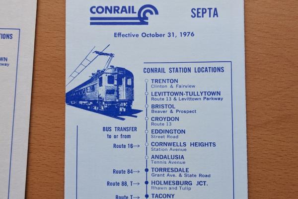 Conrail and SEPTA Schedule - Trenton, Levittown, Torresdale, and Philadelphia - 1976-10-31