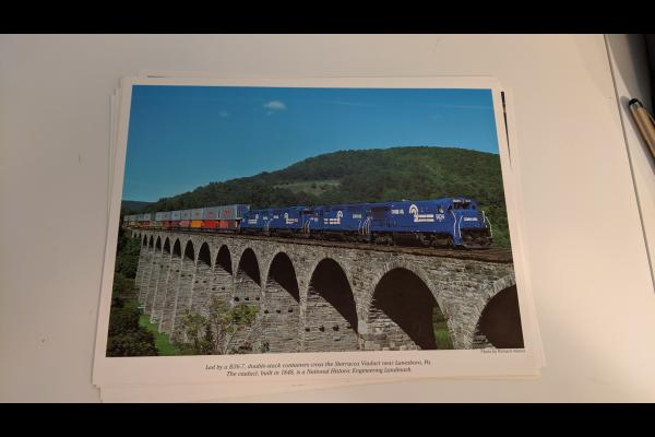 Promotional photo: Led by a B36-7, double-stack containers cross the Starucca Viaduct near Lanesboro, Pa. The Viaduct, built in 1848, is a National Historic Engineering Landmark.