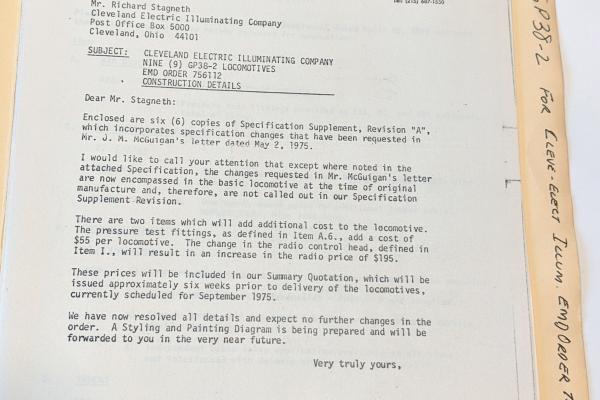 Specifications for EMD GP38-2 for Cleveland Electric. EMD Order 756112