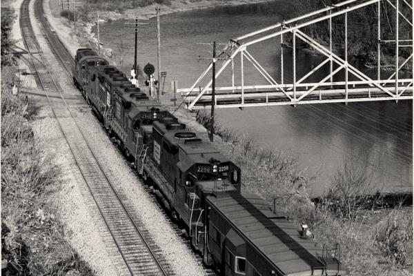 Photograph showing GP35 2298, GP35 2349 and two more locomotives at Wellsboro NY.
