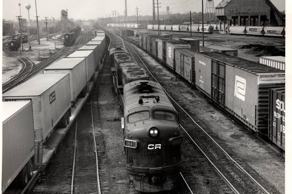 Photograph showing F7 1840  and three more locomotives in Collinwood Yard, Cleveland OH 8/28/76.