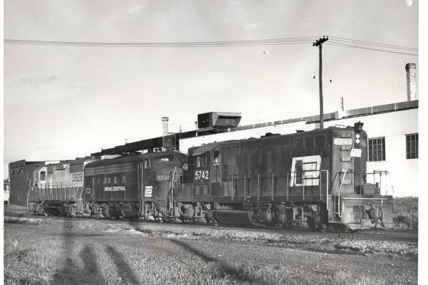 Photograph showing GP9 5742, F7 1730 and GP35 3628 at Orrville OH 9/4/76.