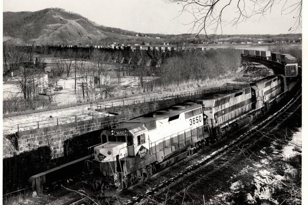 Photograph showing GP35 3650, SD45 6082 and SD45 3618 in Marysville PA. 12/3/76.