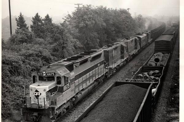 Photograph showing SDP45 6675 and multiple B&O and WM units at Rutherford PA.  9/26/76.