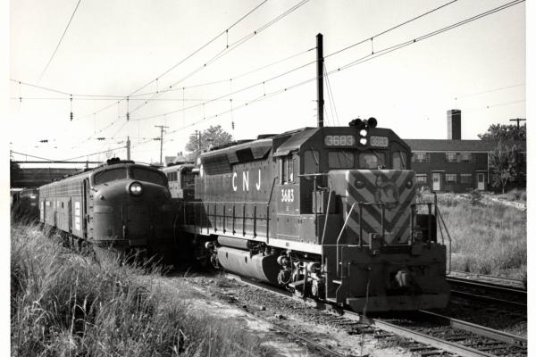 Photograph of GP40P 3683 and E8 4267 at South Amboy NJ. 7/15/77