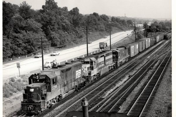Photograph of GP35 2298, SD45-2 3674 and U33B 2930 entering Conway Yard westbound. 7/29/76