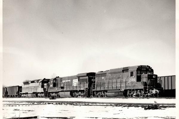 Photograph of GP30 2196, U33C 6540 and SDP45 3640 leaving Hagerstown MD. 1/8/77