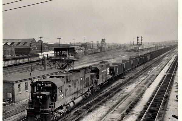 Photograph of C636 6785 and GP35 2378 at Collinwood Yard. 8/28/76