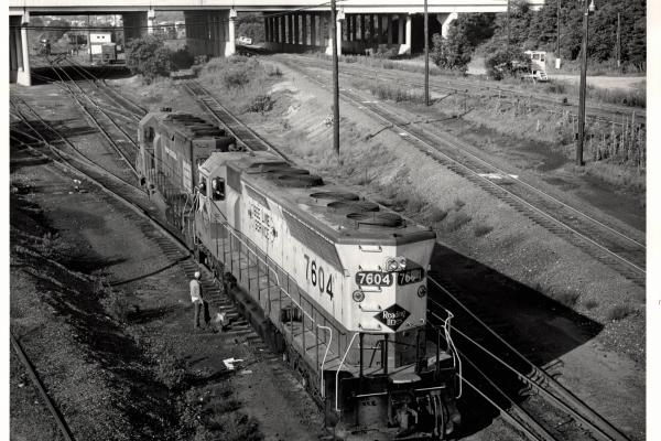 Photograph of SD45 7604 and SD40 6282 at Enola Yard. 7/76