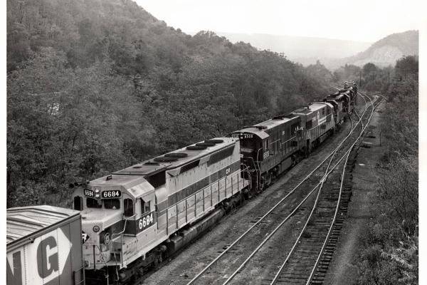 Photograph of SDP45 6684, U25C 6508 and many others at Enola Yard. 10/16/76