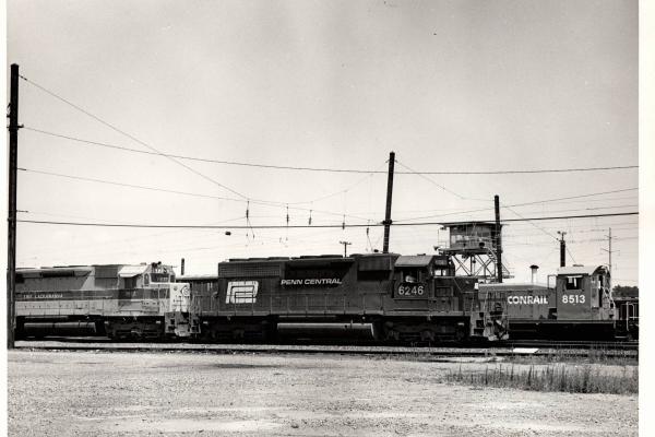 Photograph of SD40 6246, SD45 3622 and SW1 8513 at Riley St Tower, Harrisburg. 7/76