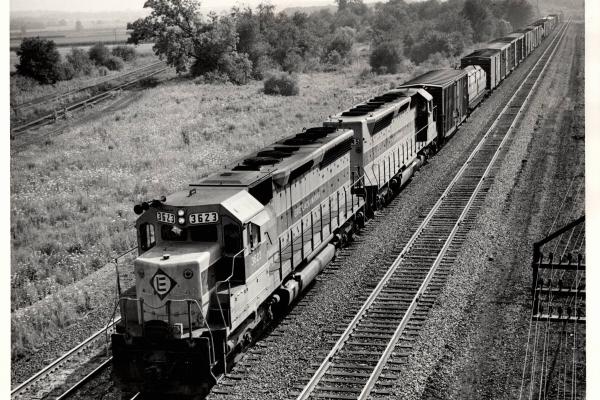 Photograph of SD45 3626 and SDP 45 3645 eastbound at Orrville OH. 7/30/76