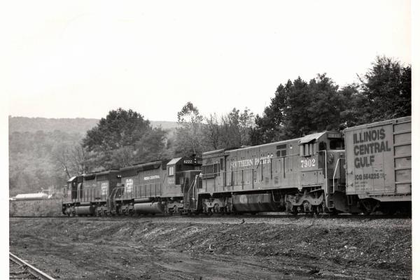 Photograph of an unknown SD40, SD45 6222, and SP U30C 7902 eastbound at Marysville PA. 11/2/76