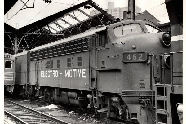 Photograph of EMD F3 462 on testing train at Harrisburg Amtrak Station. 11/28/76