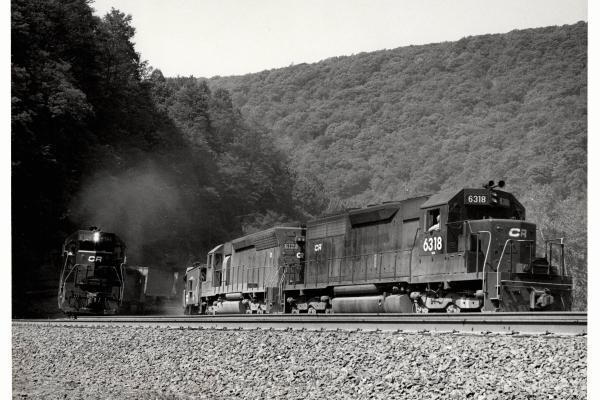 Photograph of SD45 6196, SD45 6109 and SD40 6318 at Horseshoe Curve. 5/28/77