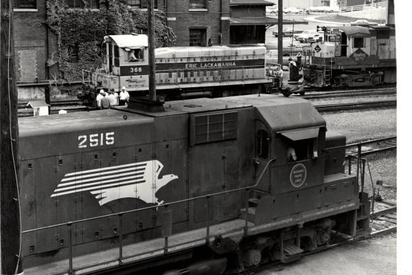 Photograph of leased Missouri Pacific GP35 2515, SW8 368 and an unknown C425 at Binghamton NY. 7/3/76