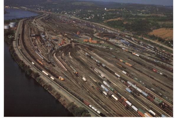 Promotional photo: Conway Yard, 20 miles northwest of Pittsburgh, is the only double-hump classification yard on the Conrail system. It also is Conrail's largest yard.