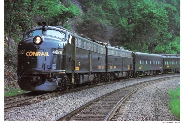 Promotional photo: Conrail's insection train, powered by E8A locomotives, travels near Reading, PA