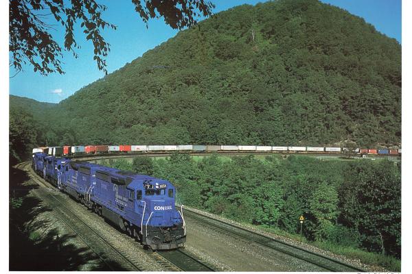 Promotional photo: An SD45-2 pulls an intermodal train around historic Horseshoe Curve near Altoona, Pa.