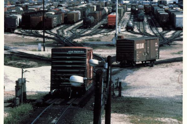 ATSF boxcar going down hump, location unknown